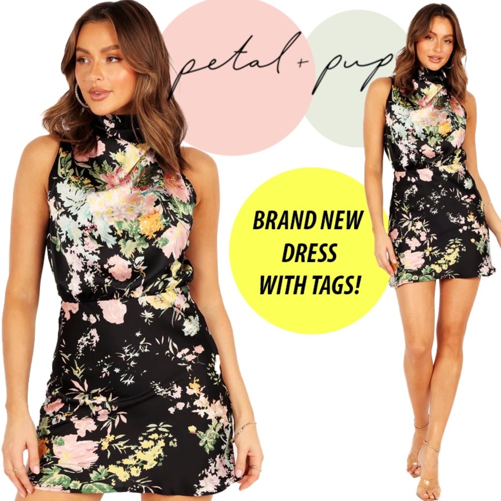 🥀Petal & Pup 🐶 Halter Neck Black Floral Mini Dress